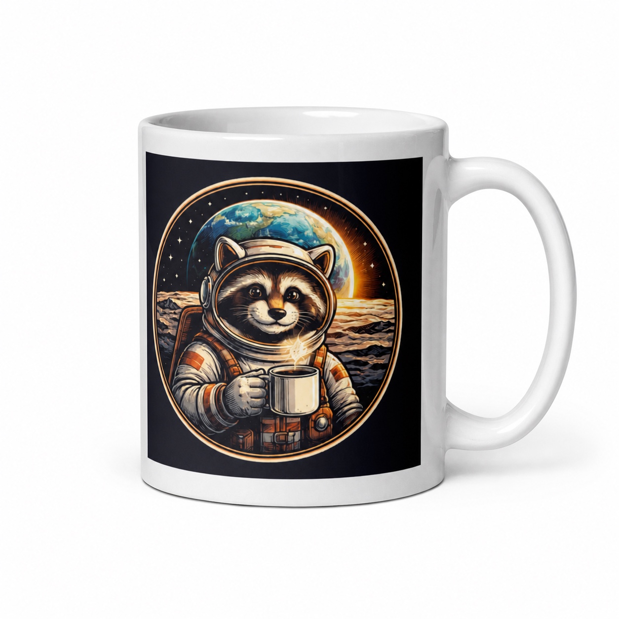Side-view mug preview featuring a raccoon astronaut drinking coffee on the moon