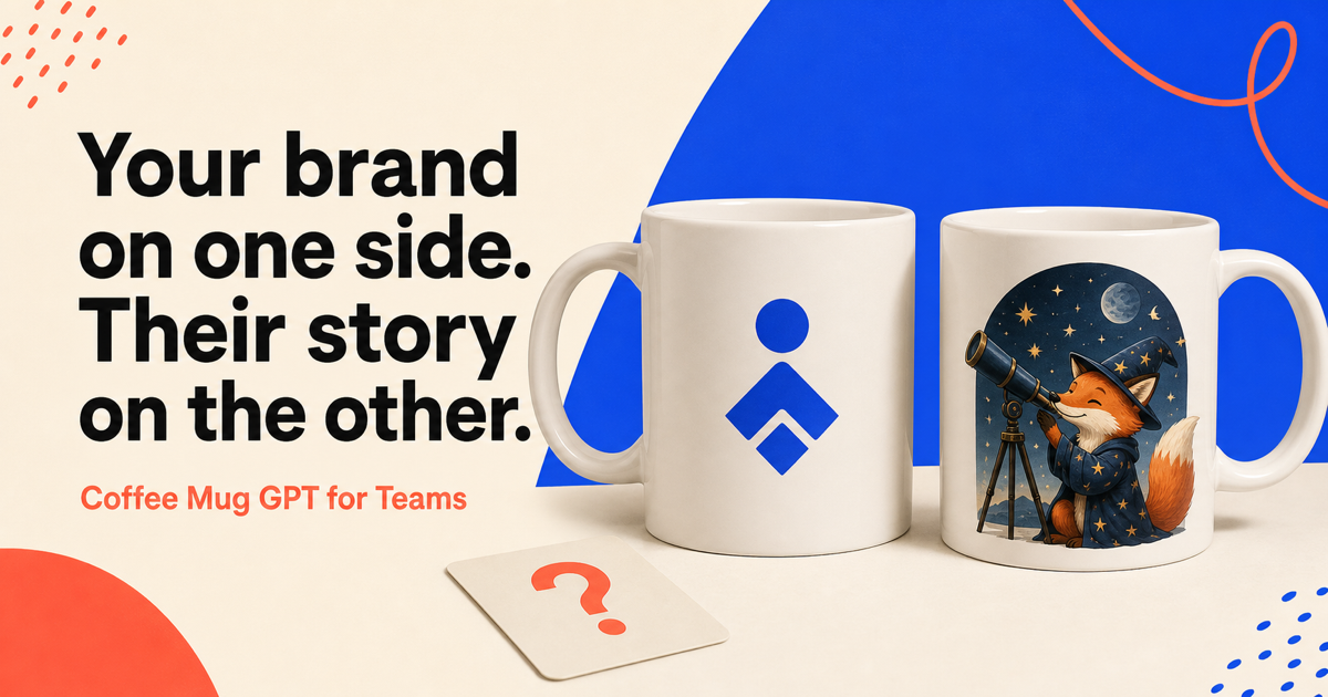 Two employee mugs, one showing company branding and the other showing personalized fox artwork
