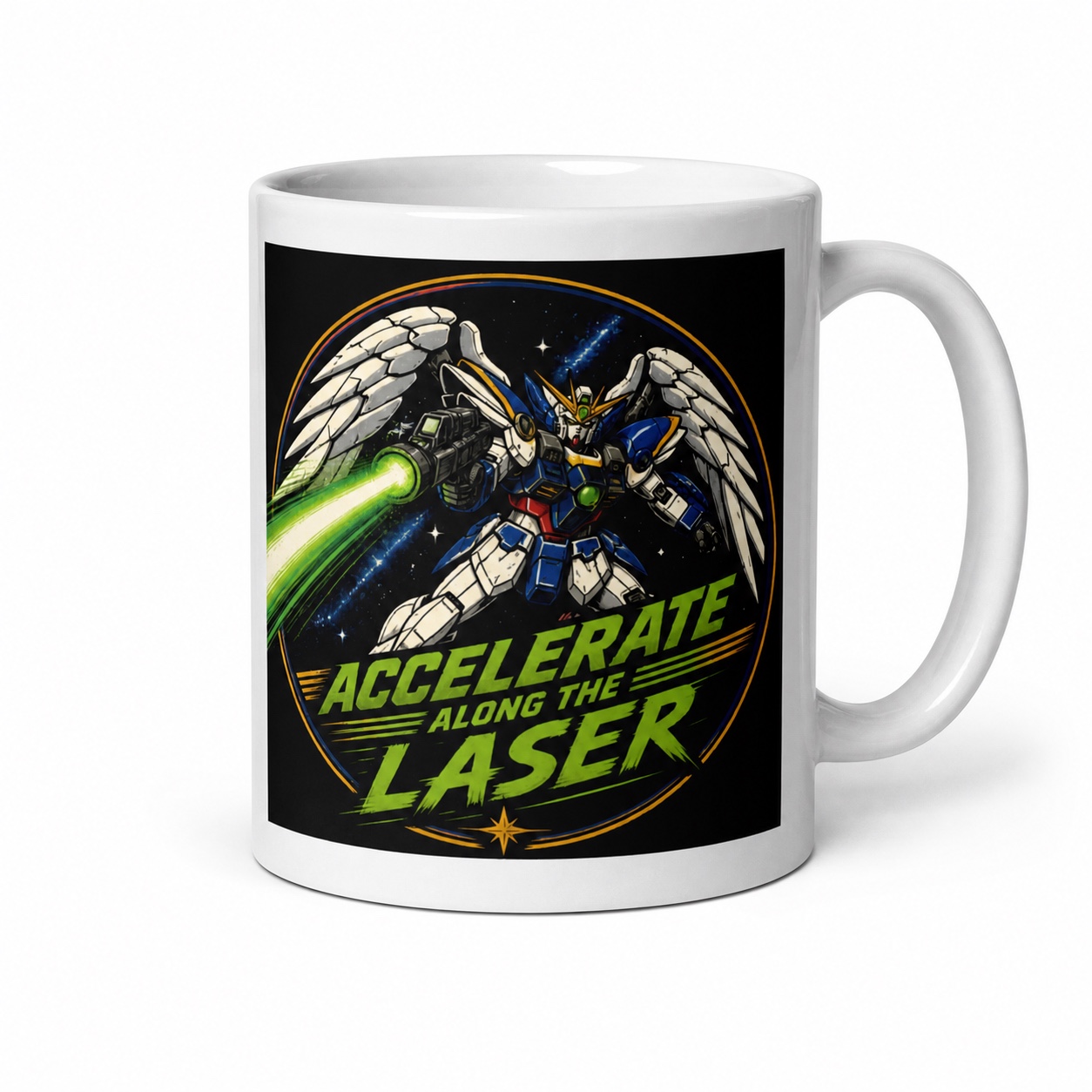 Side-view mug preview featuring a colorful space robot illustration