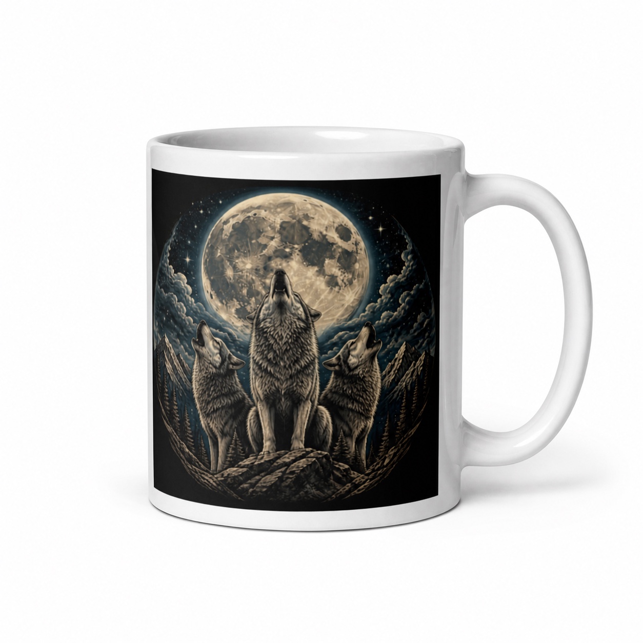 Side-view mug preview featuring three wolves howling beneath a full moon