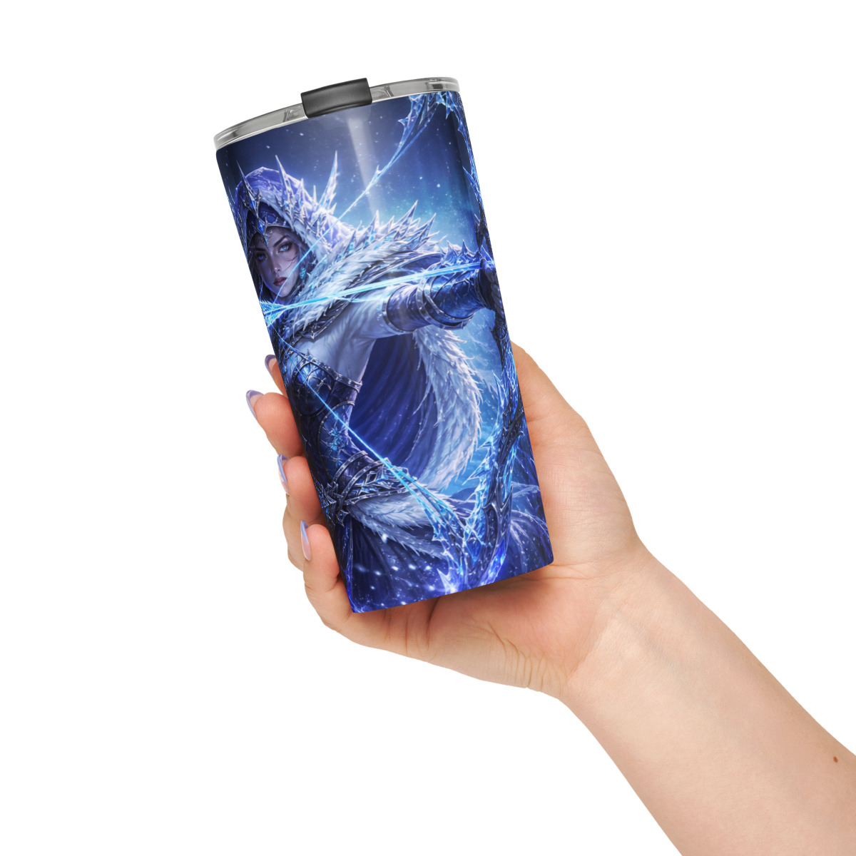 Printful mockup of a tumbler with an original frost archer fantasy illustration