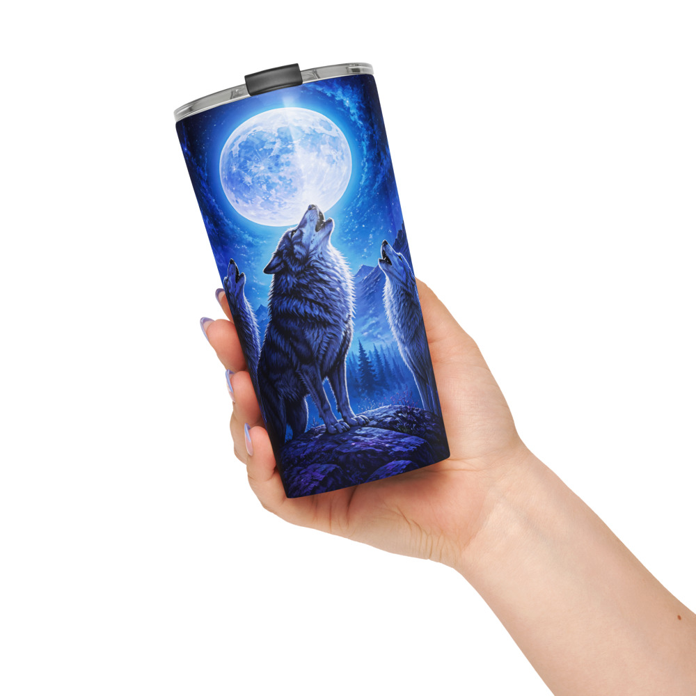 Printful mockup of a tumbler with three wolves howling beneath a blue and purple moon