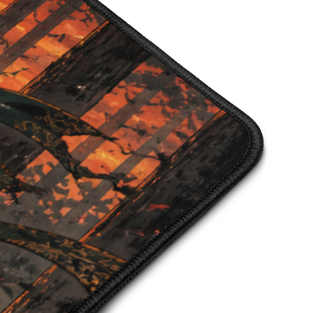 Printful detail mockup of the illustrated ninja desk mat surface and stitched edge