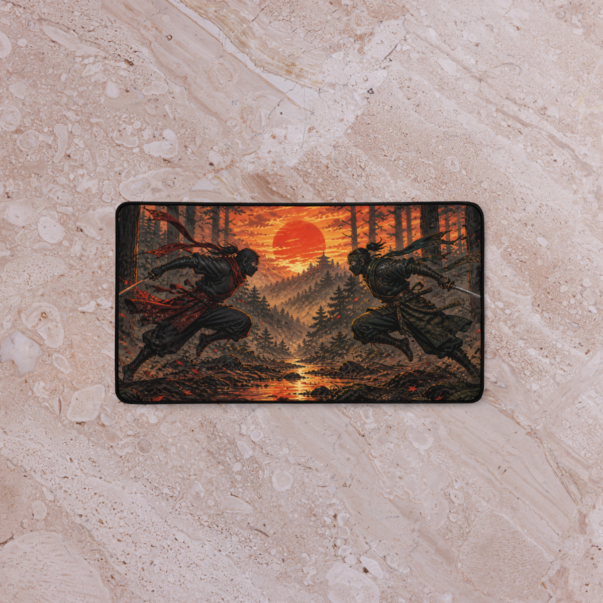 Printful mockup of a desk mat with two illustrated ninjas charging toward each other at sunset