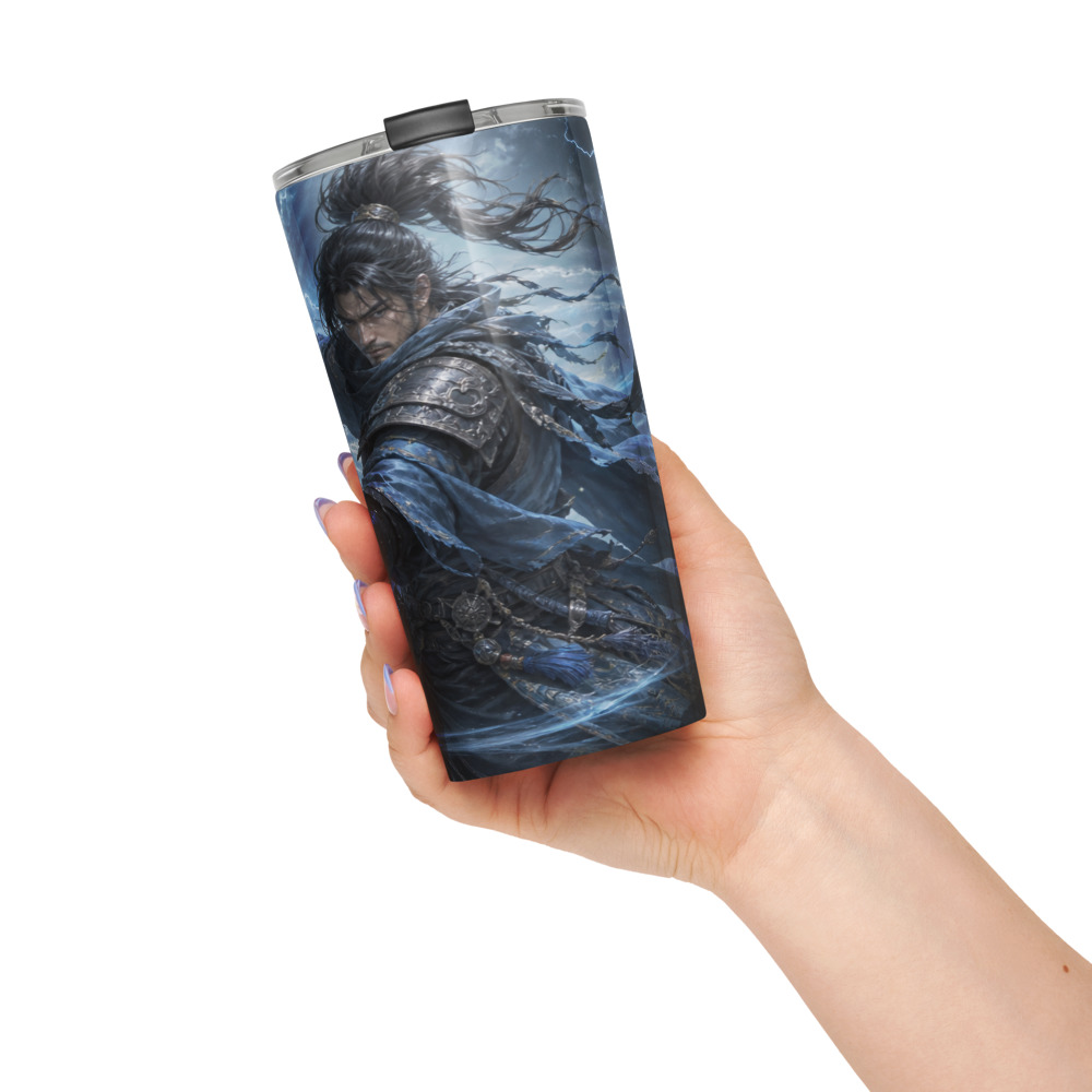 Printful mockup of a tumbler with an original wind-wielding fantasy swordsman